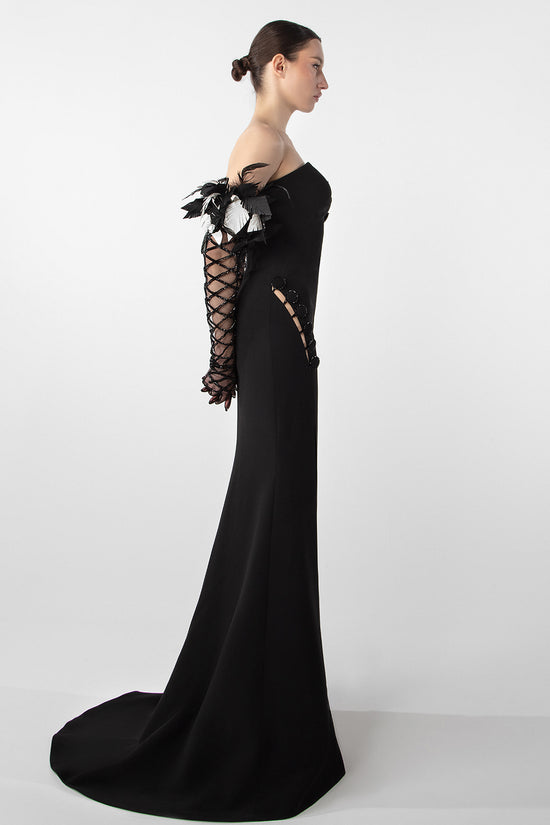 Feather Embellished Crepe Gown