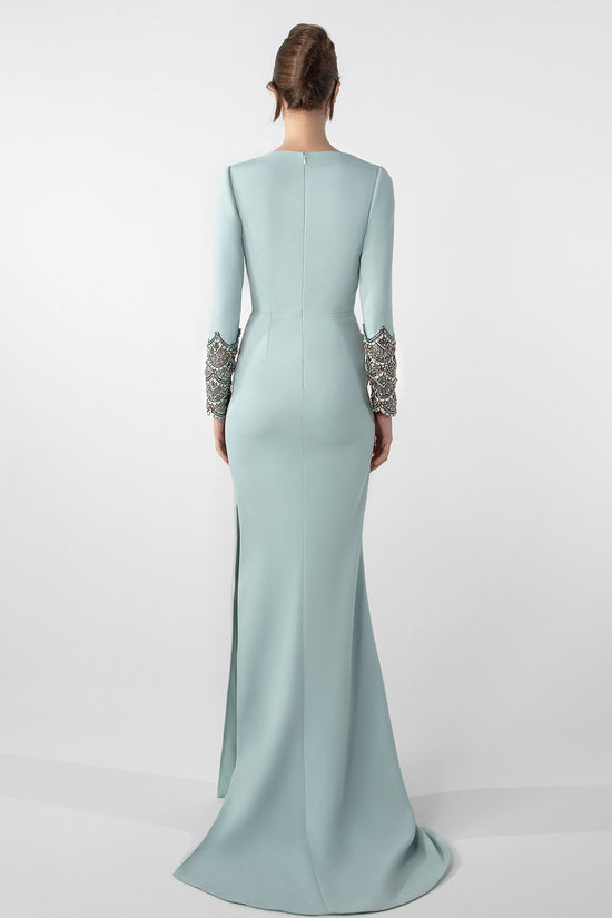 Draped Asymmetric Dress with Embroidered Sleeves