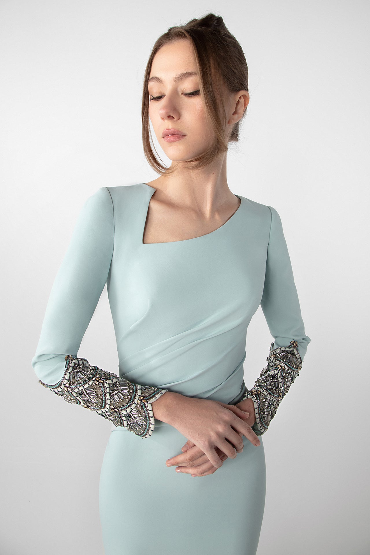 Draped Asymmetric Dress with Embroidered Sleeves