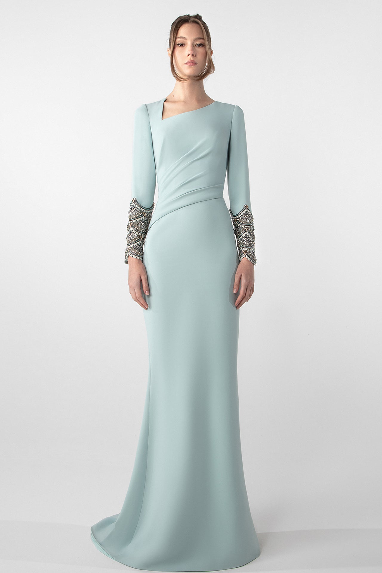 Draped Asymmetric Dress with Embroidered Sleeves
