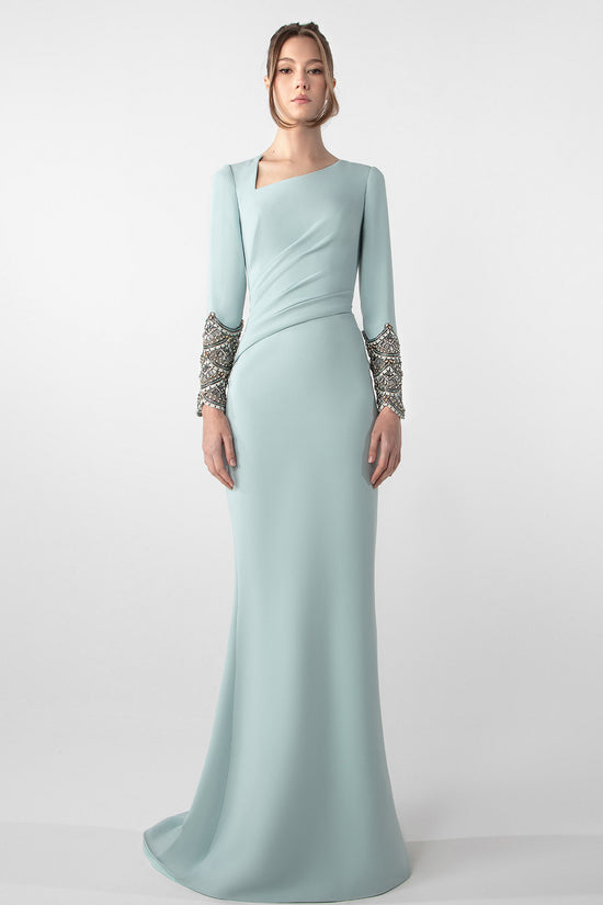 Draped Asymmetric Dress with Embroidered Sleeves