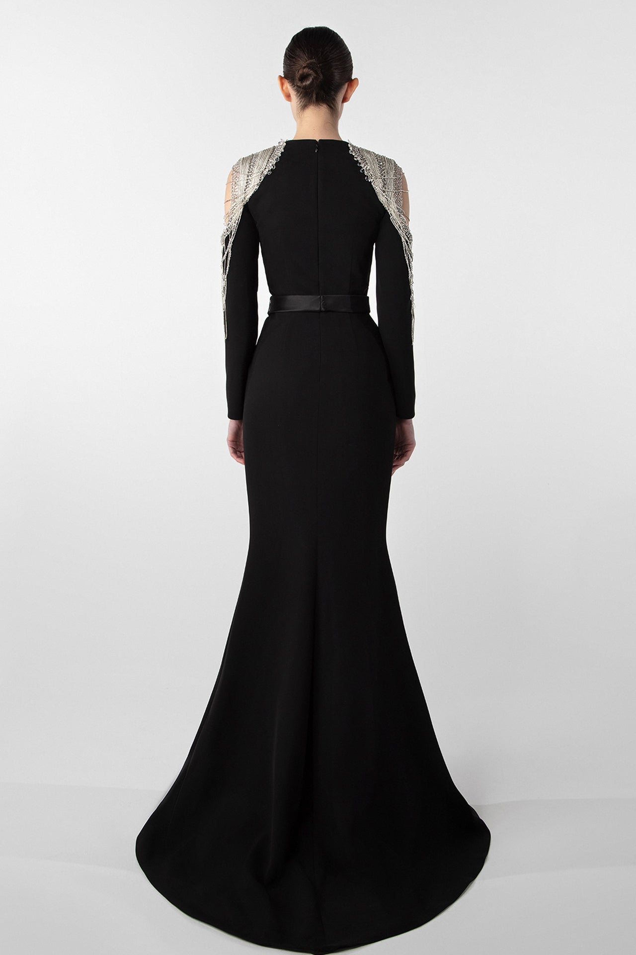 Chain Embellished Crepe Gown with Satin Belt