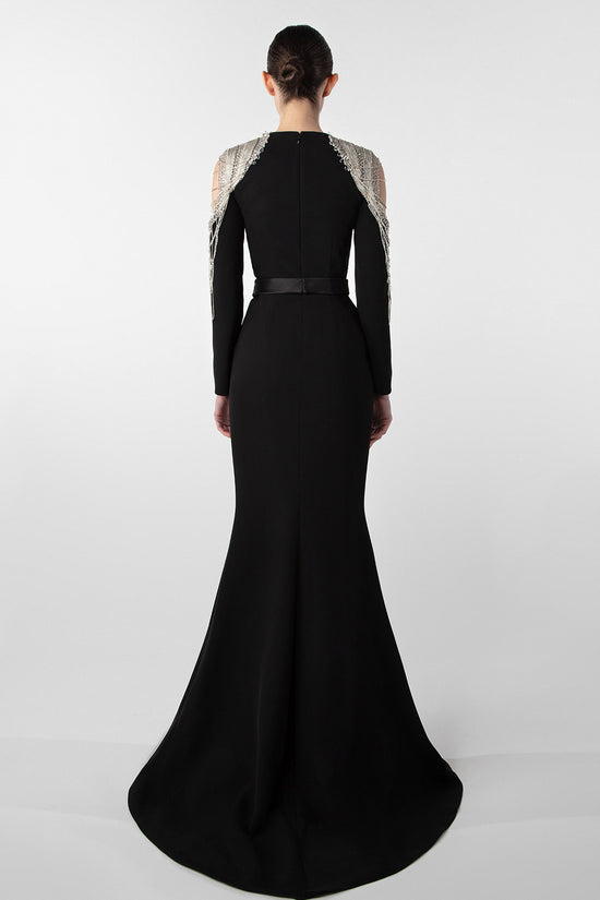 Chain Embellished Crepe Gown with Satin Belt