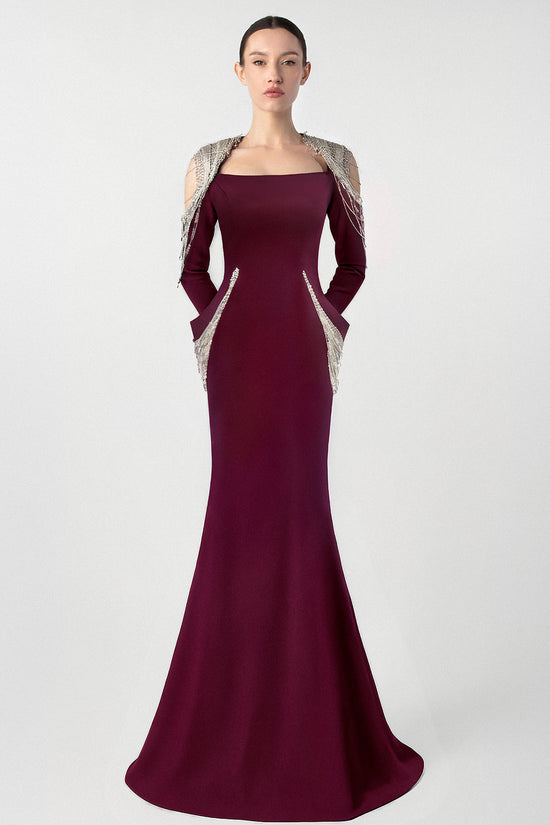 Chain Embellished Crepe Gown with Satin Belt