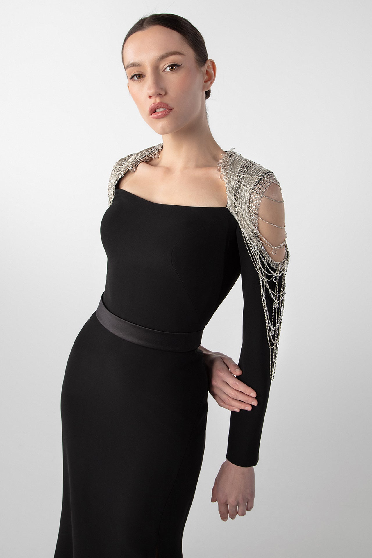 Chain Embellished Crepe Gown with Satin Belt