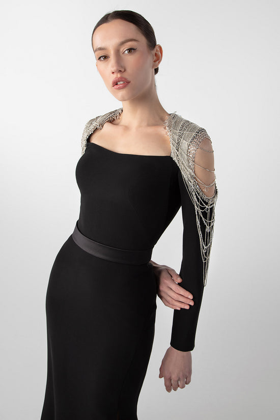Chain Embellished Crepe Gown with Satin Belt