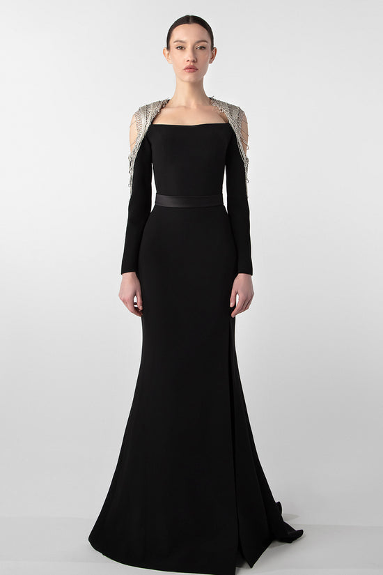 Chain Embellished Crepe Gown with Satin Belt
