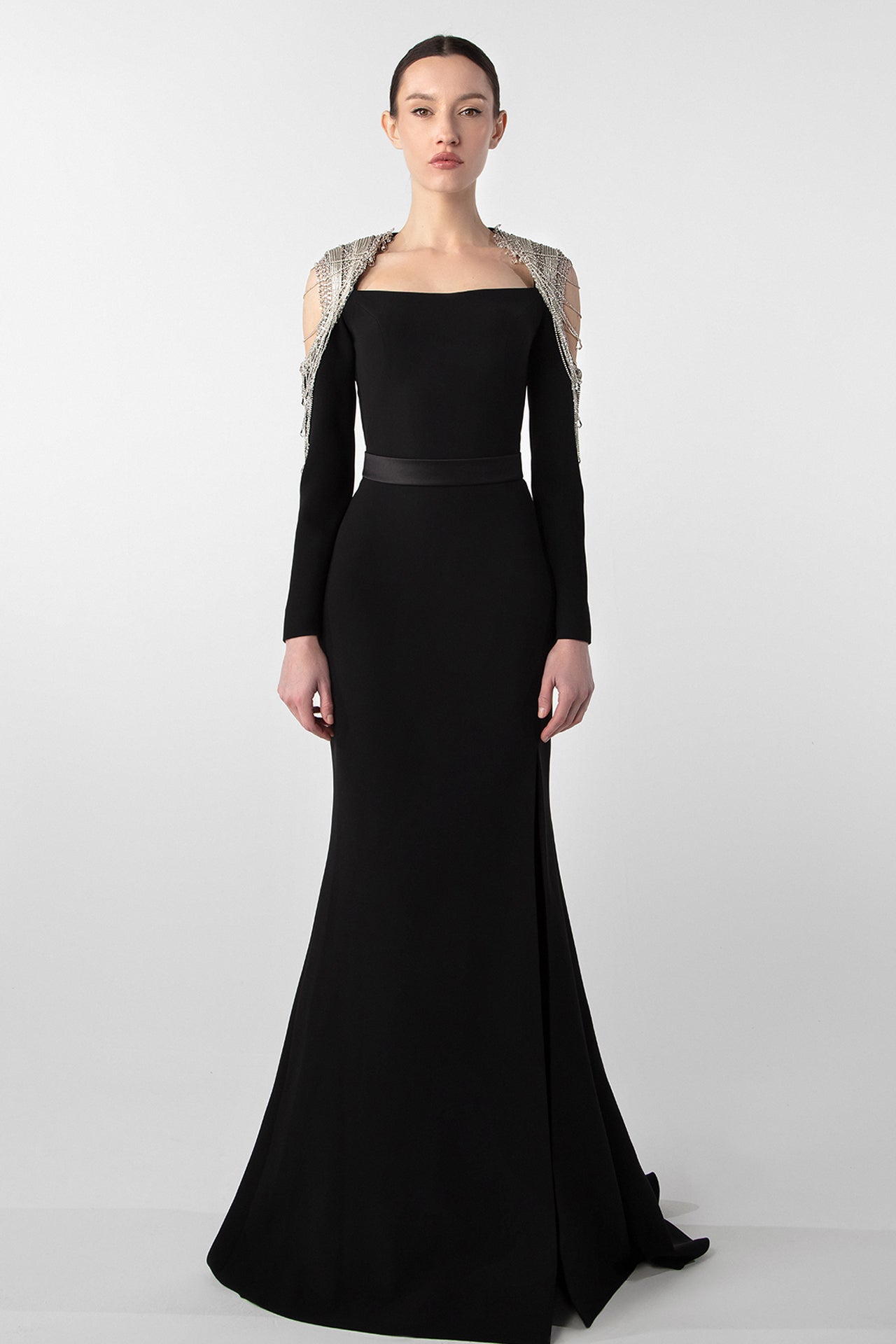 Chain Embellished Crepe Gown with Satin Belt