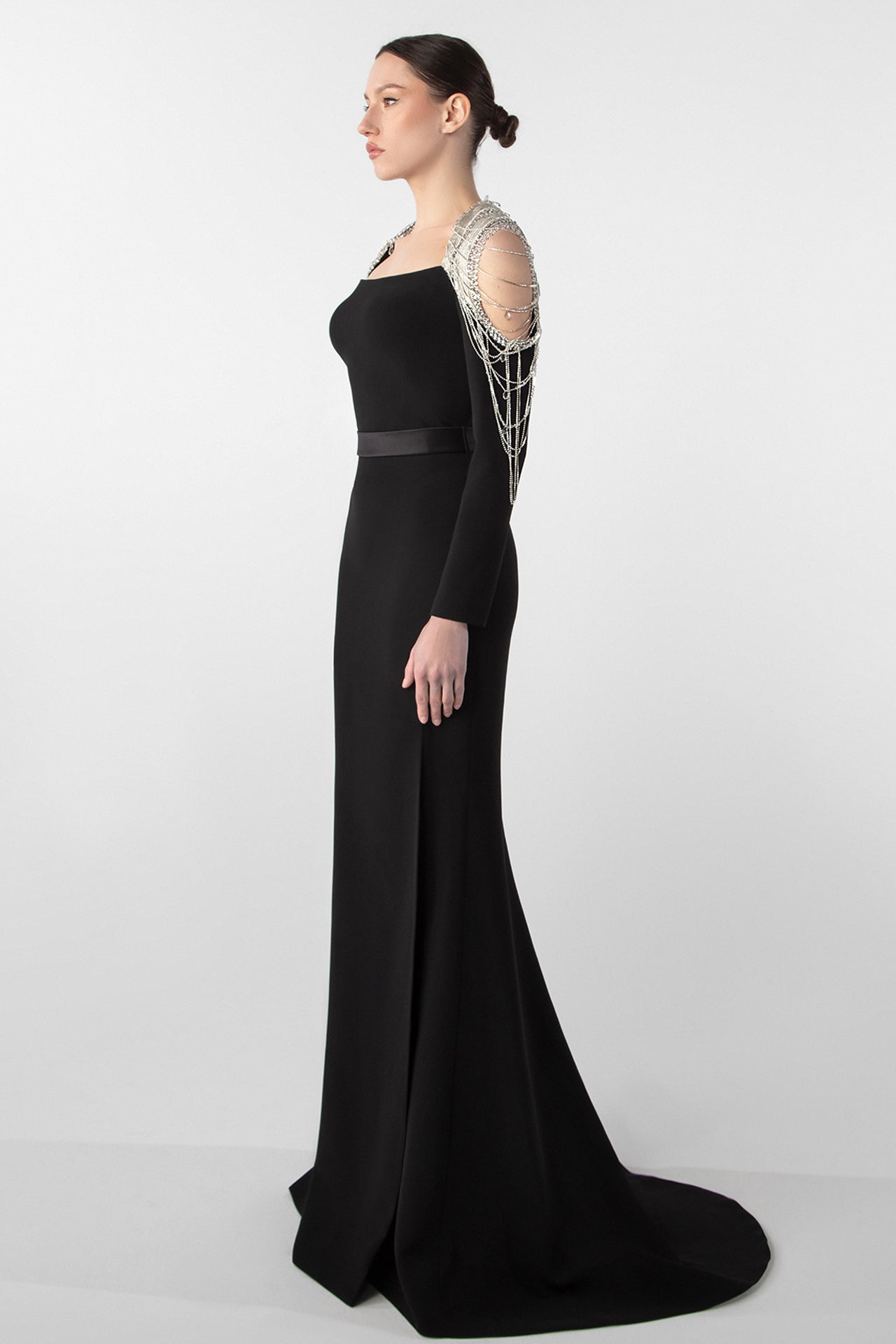 Chain Embellished Crepe Gown with Satin Belt