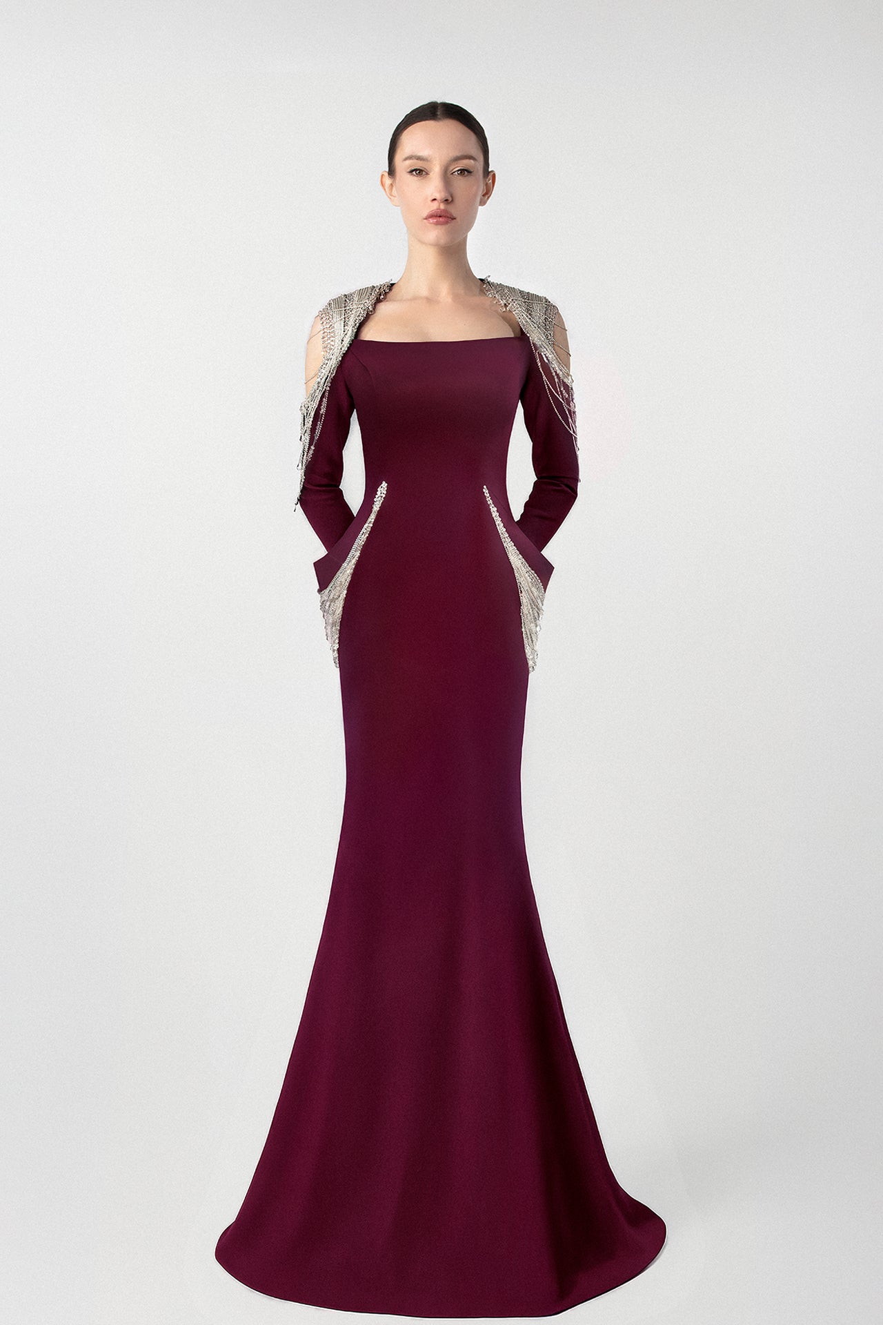 Chain Embellished Crepe Gown with Satin Belt