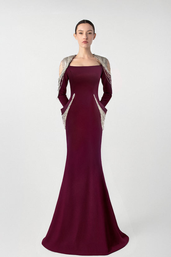 Chain Embellished Crepe Gown with Satin Belt