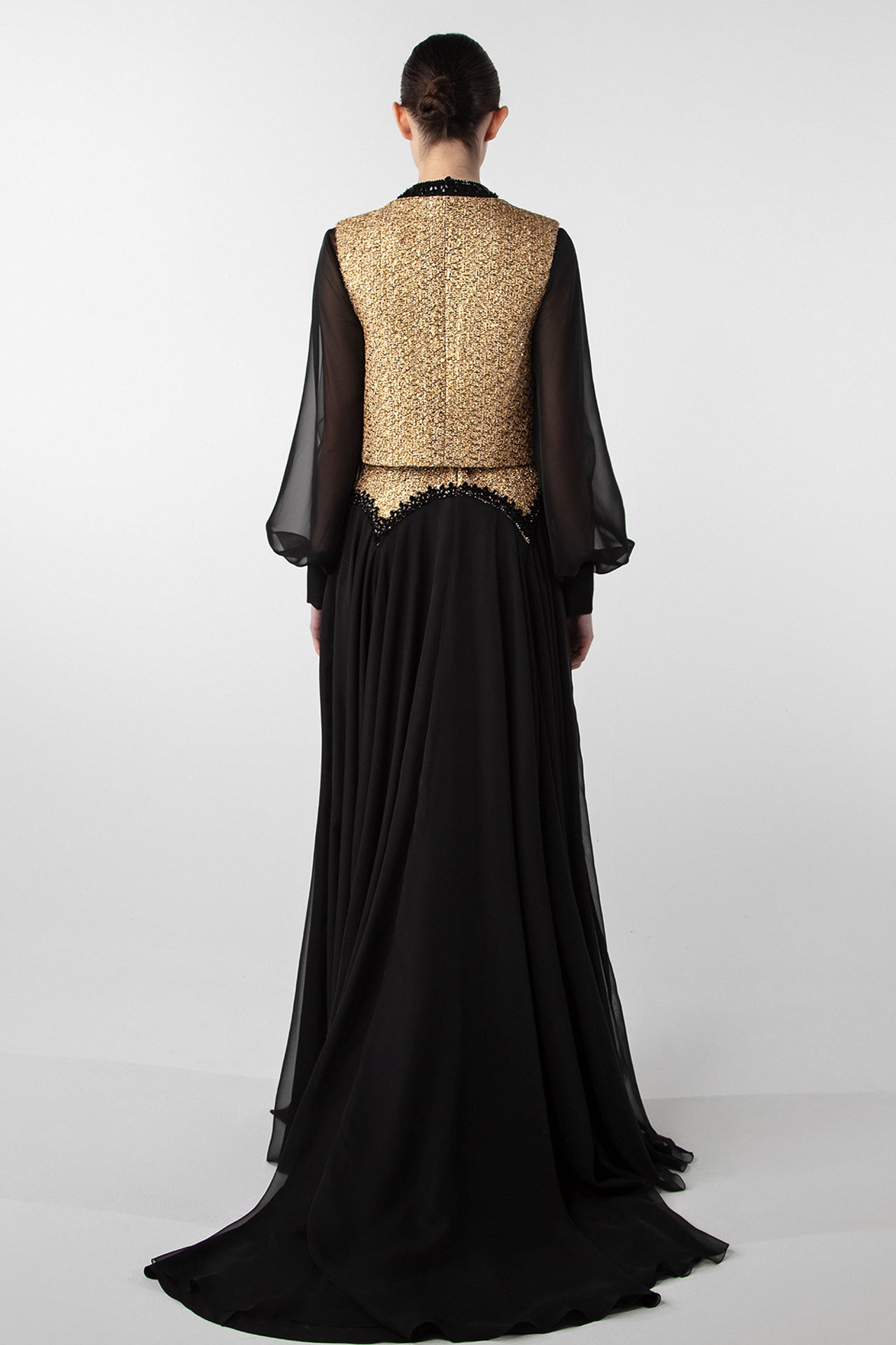 Tweed and Chiffon Ensemble with Embroidered Stones
