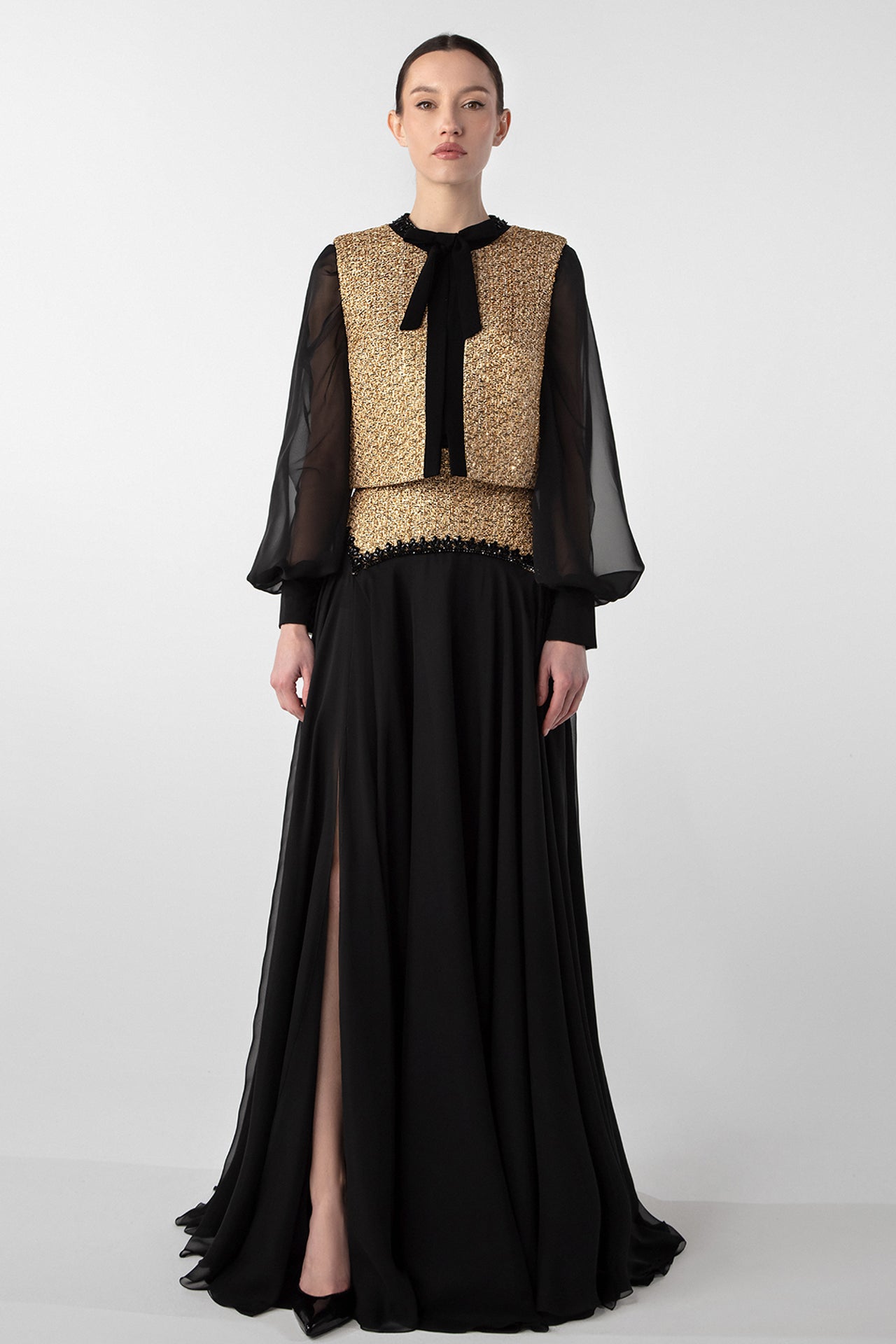 Tweed and Chiffon Ensemble with Embroidered Stones
