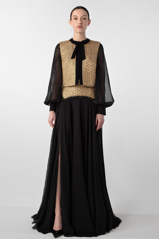 Tweed and Chiffon Ensemble with Embroidered Stones