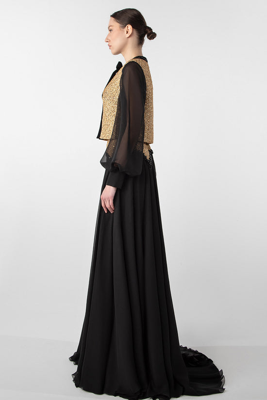 Tweed and Chiffon Ensemble with Embroidered Stones