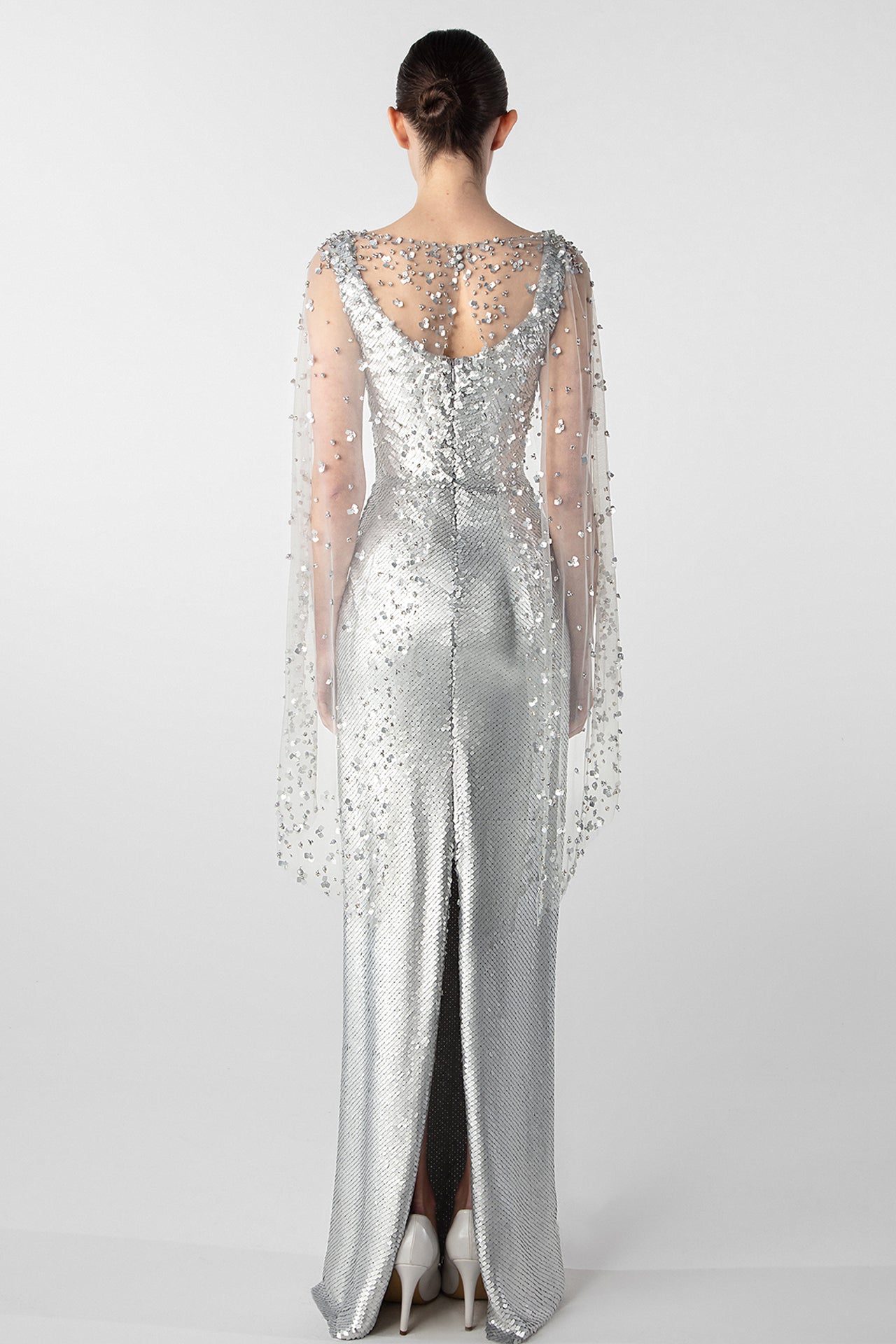 Crystal Embellished Column Dress with Tulle Cape