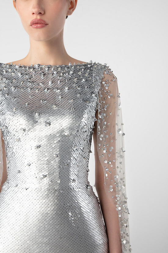 Crystal Embellished Column Dress with Tulle Cape