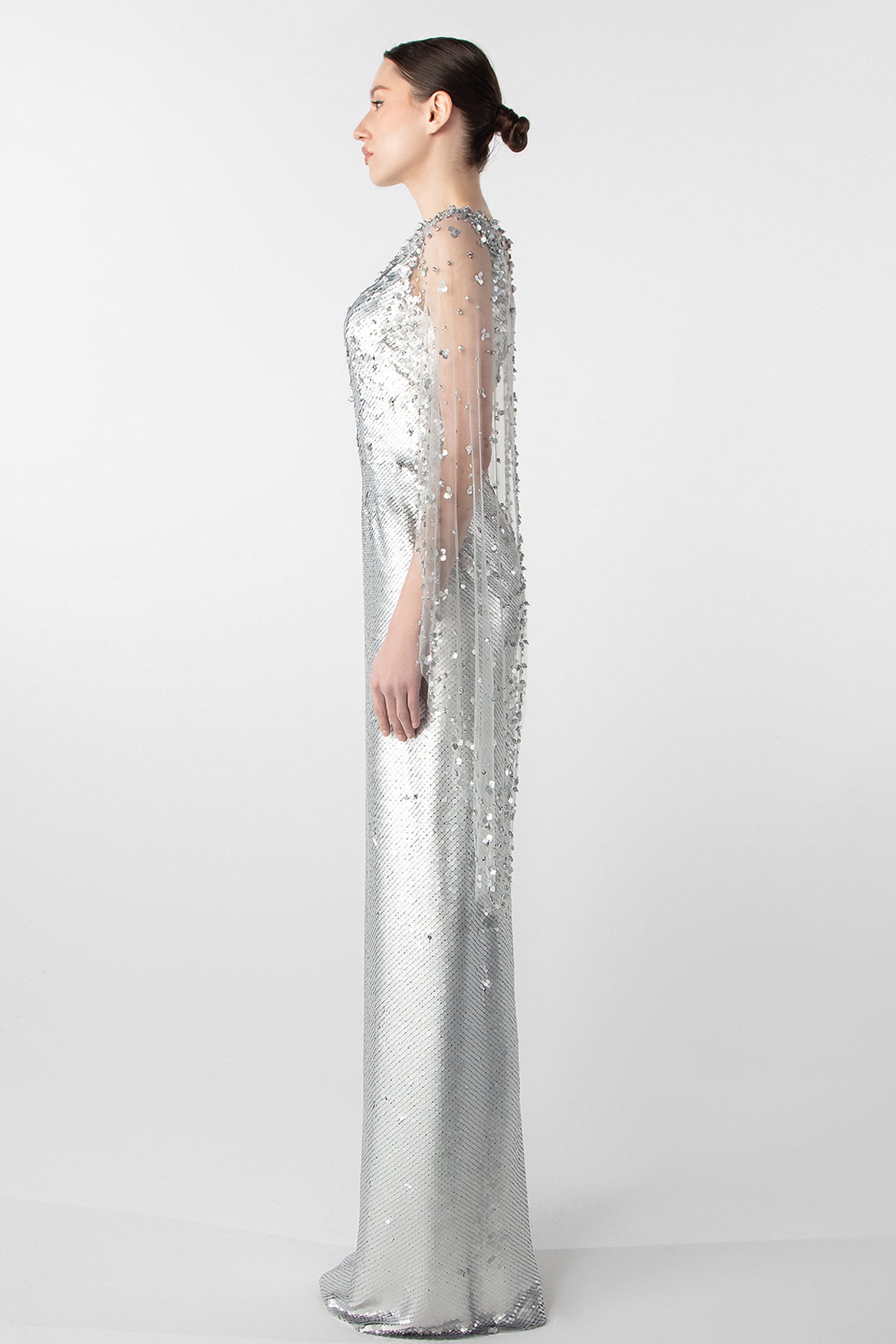 Crystal Embellished Column Dress with Tulle Cape