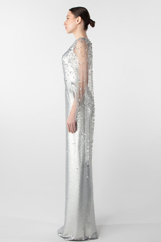 Crystal Embellished Column Dress with Tulle Cape