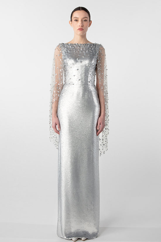 Crystal Embellished Column Dress with Tulle Cape
