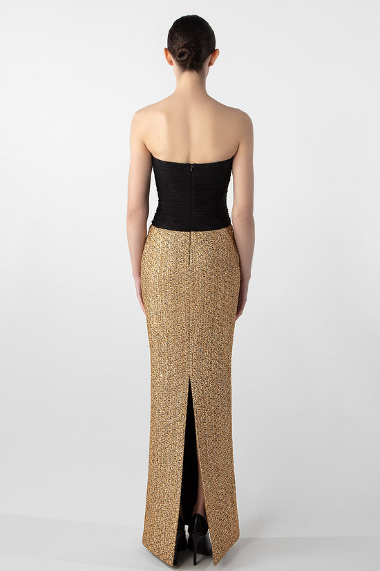 Strapless Draped Chiffon and Tweed Column Dress