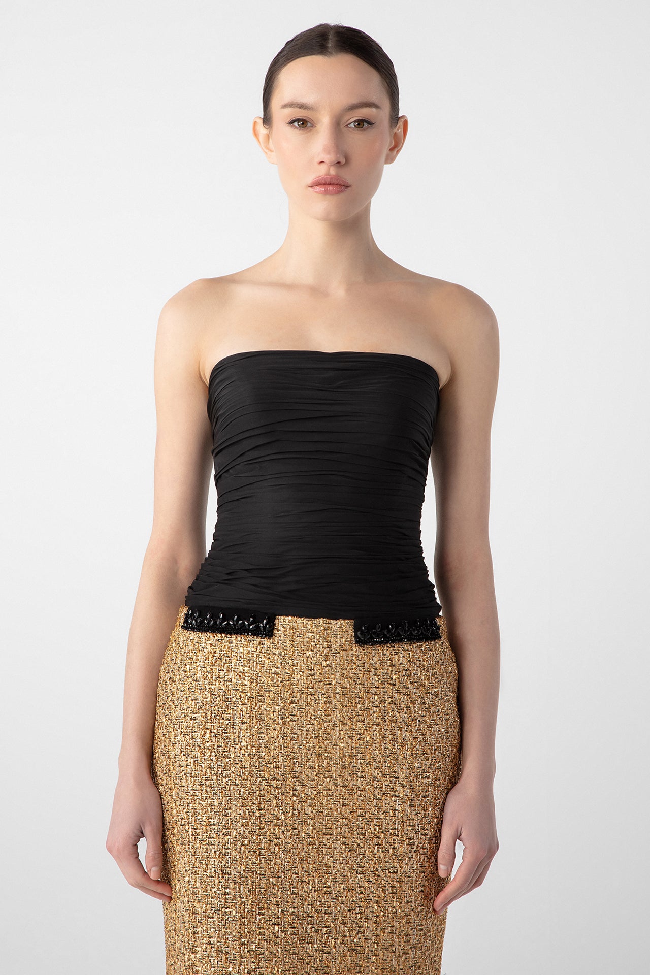 Strapless Draped Chiffon and Tweed Column Dress