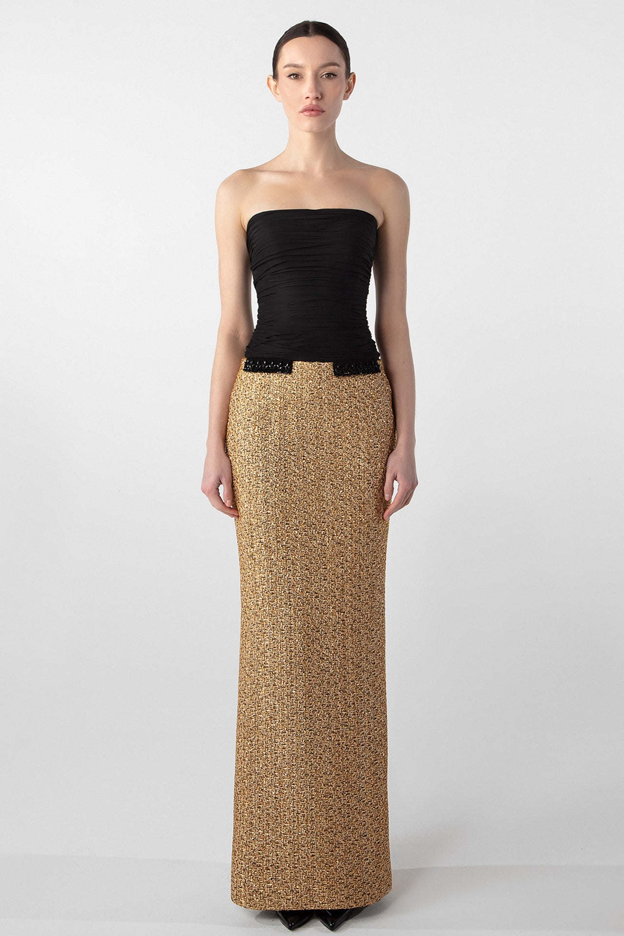 Strapless Draped Chiffon and Tweed Column Dress