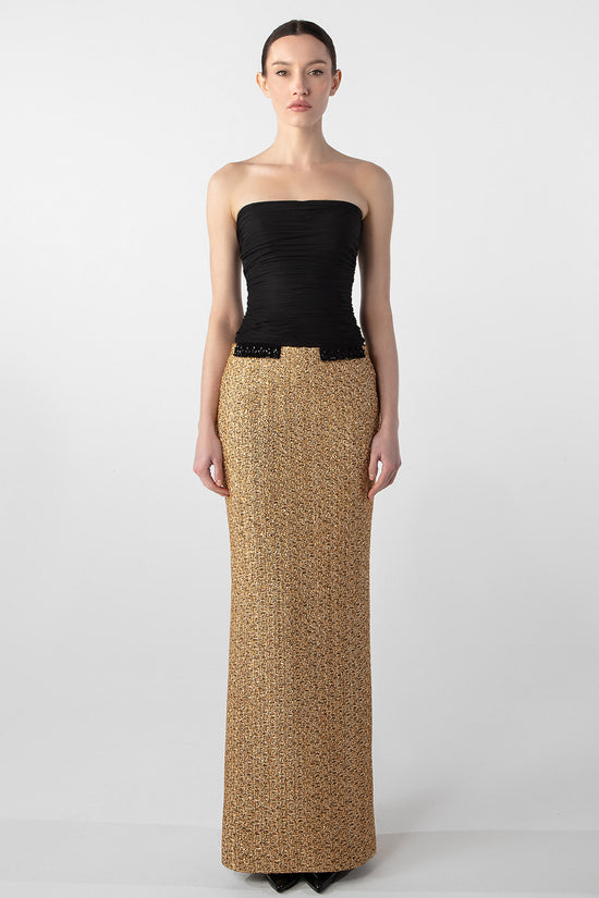 Strapless Draped Chiffon and Tweed Column Dress