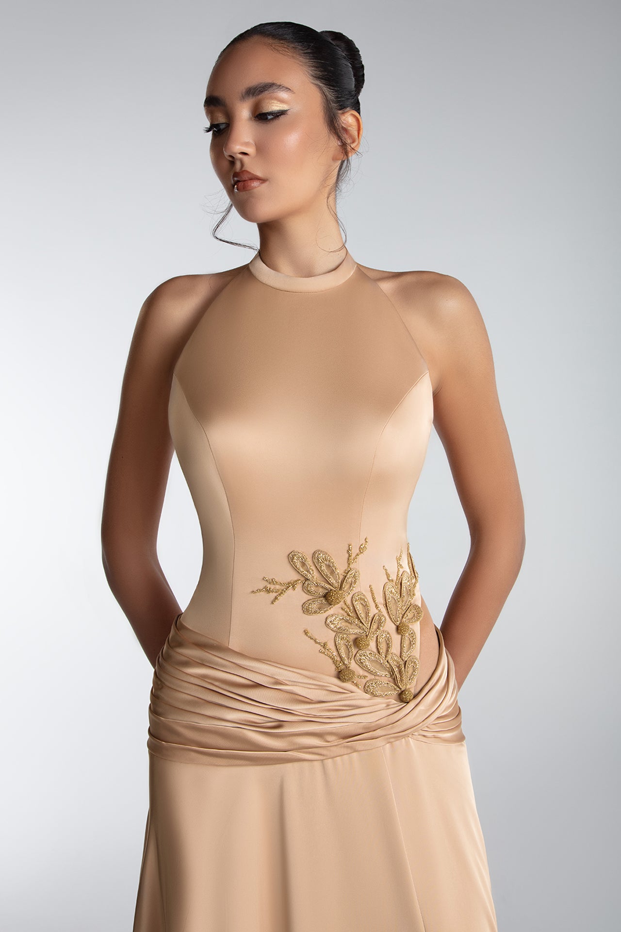 Draped Halter Gown With Side Embroidery