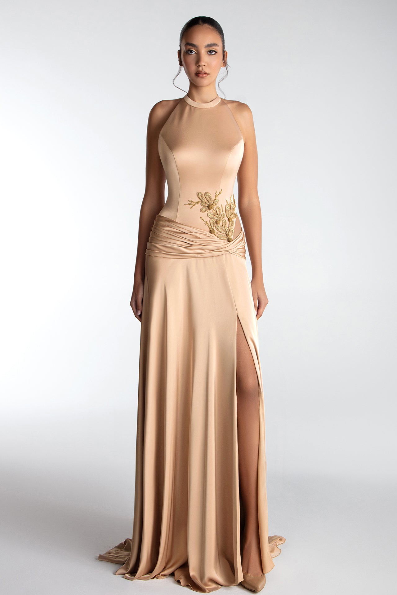 Draped Halter Gown With Side Embroidery