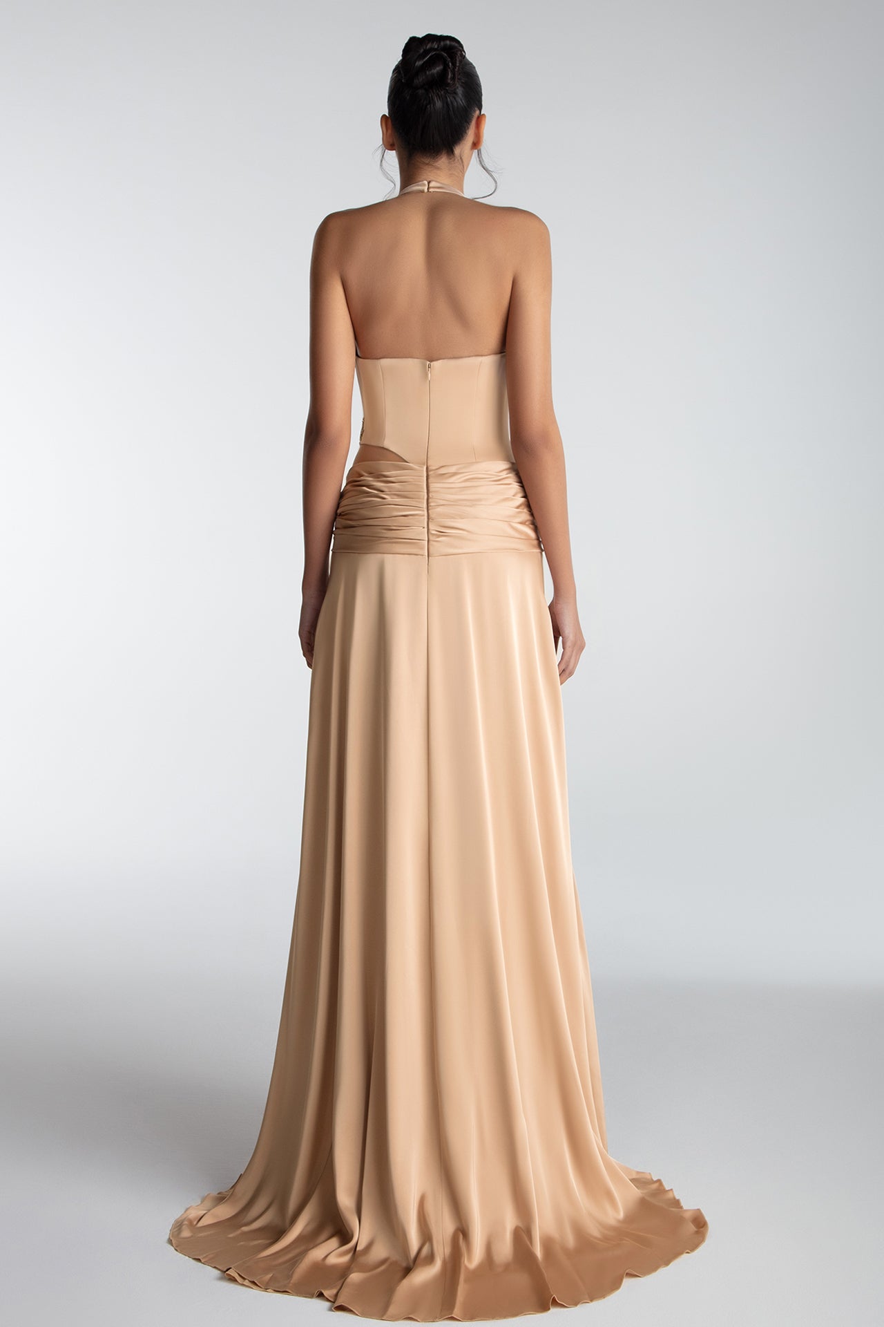 Draped Halter Gown With Side Embroidery
