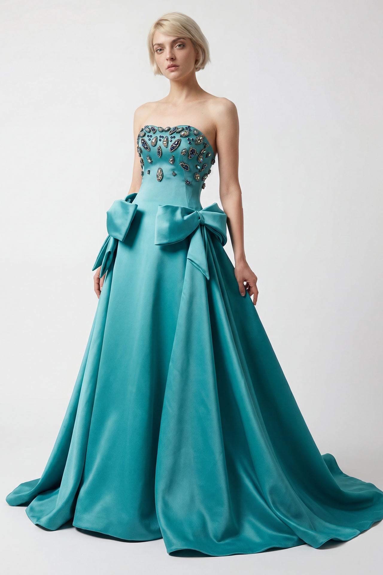 Strapless Embellished Bow Gown