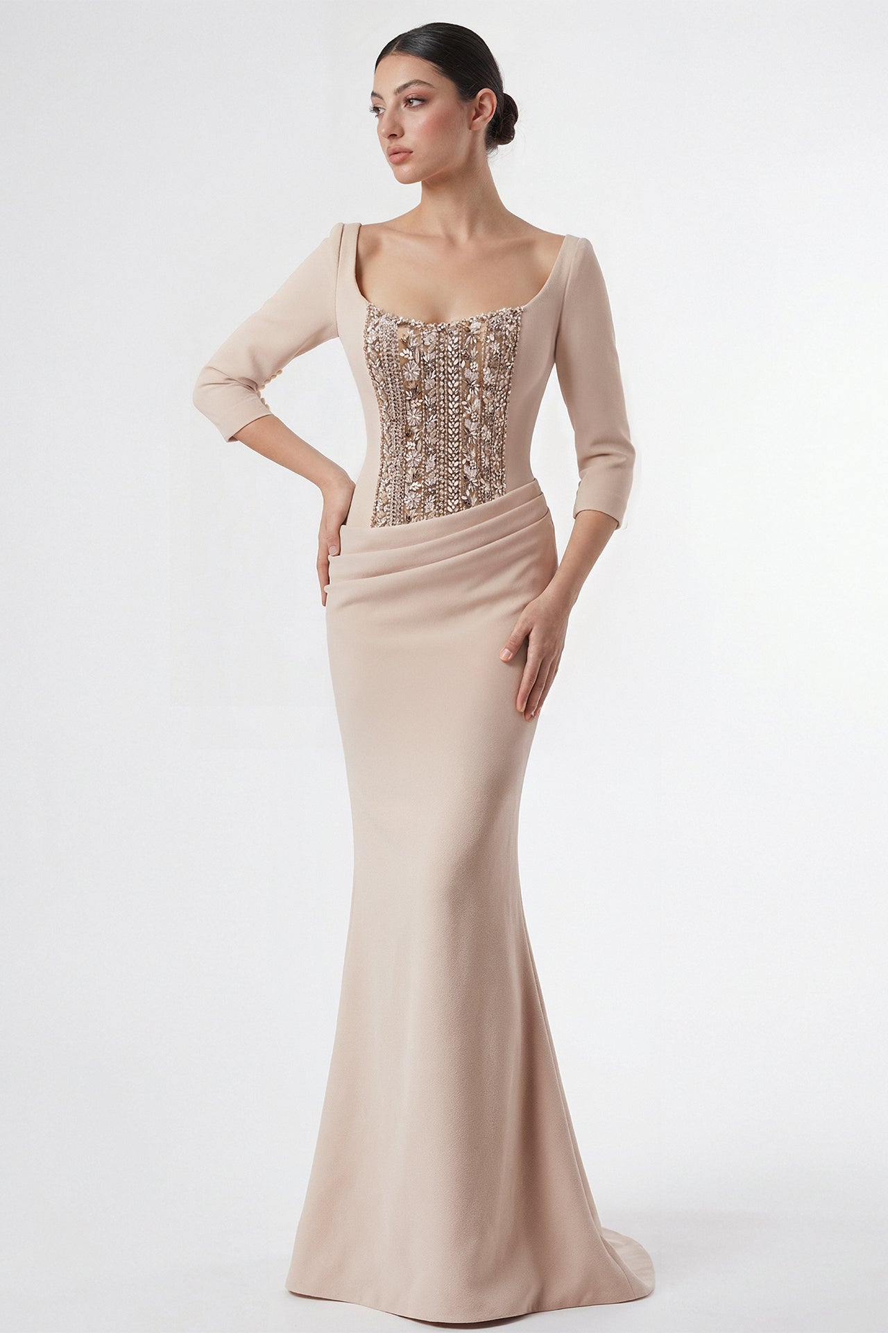 Crepe Gown with Swarovski Embroidered Bodice