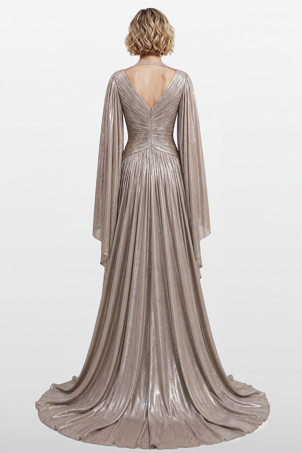 Metallic Pleated Lamé Gown with Draped Sleeves
