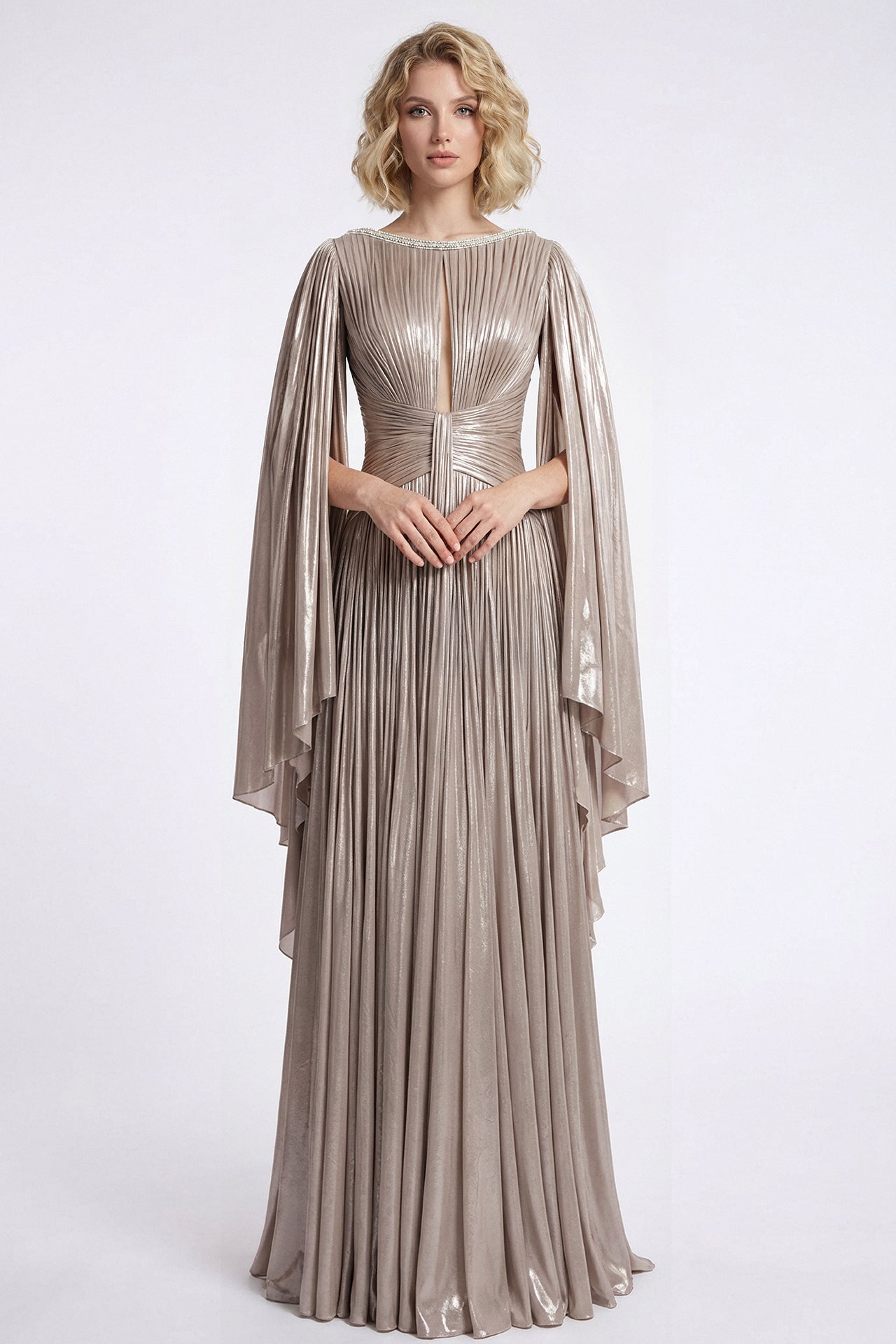 Metallic Pleated Lamé Gown with Draped Sleeves