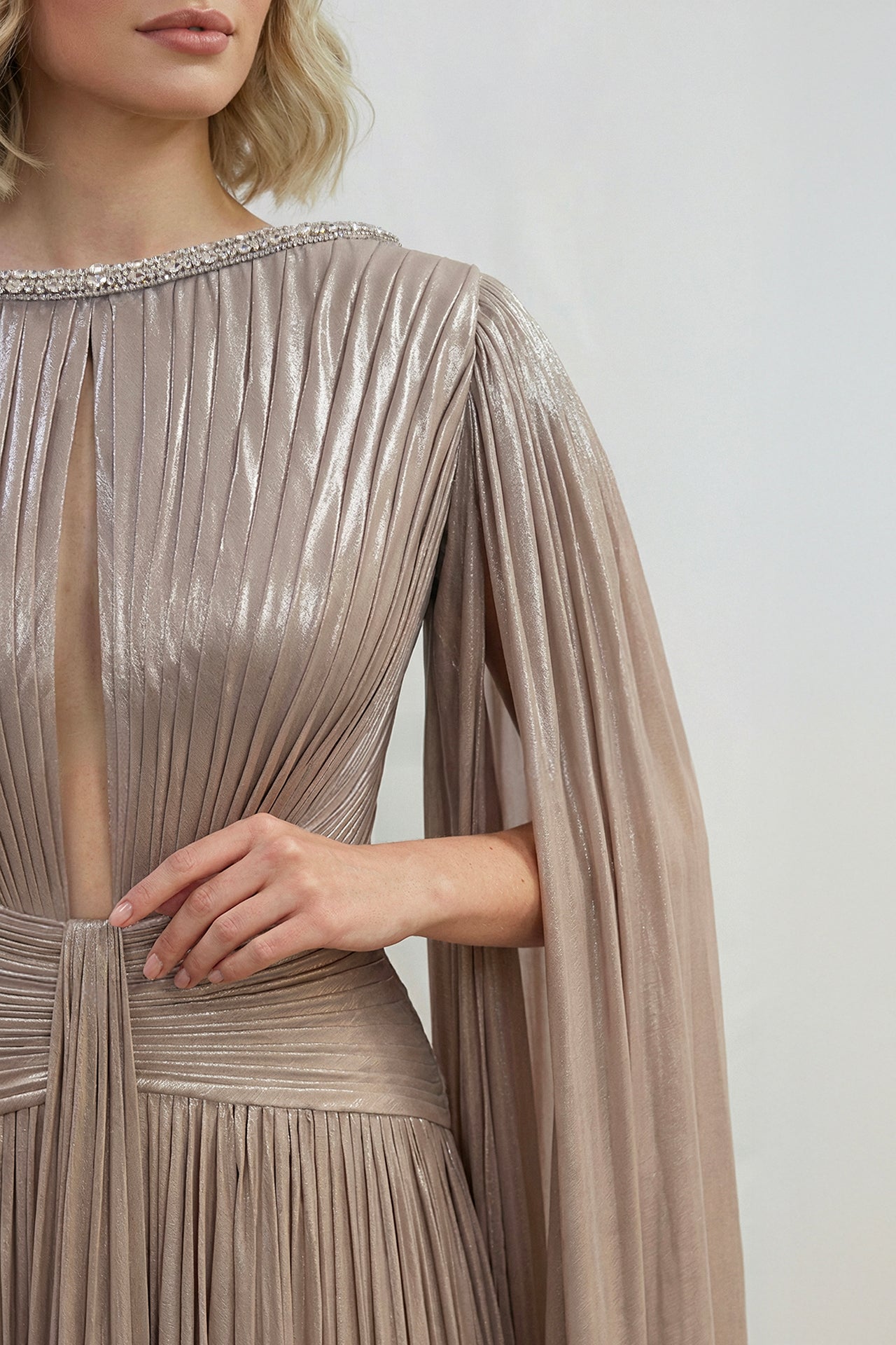 Metallic Pleated Lamé Gown with Draped Sleeves
