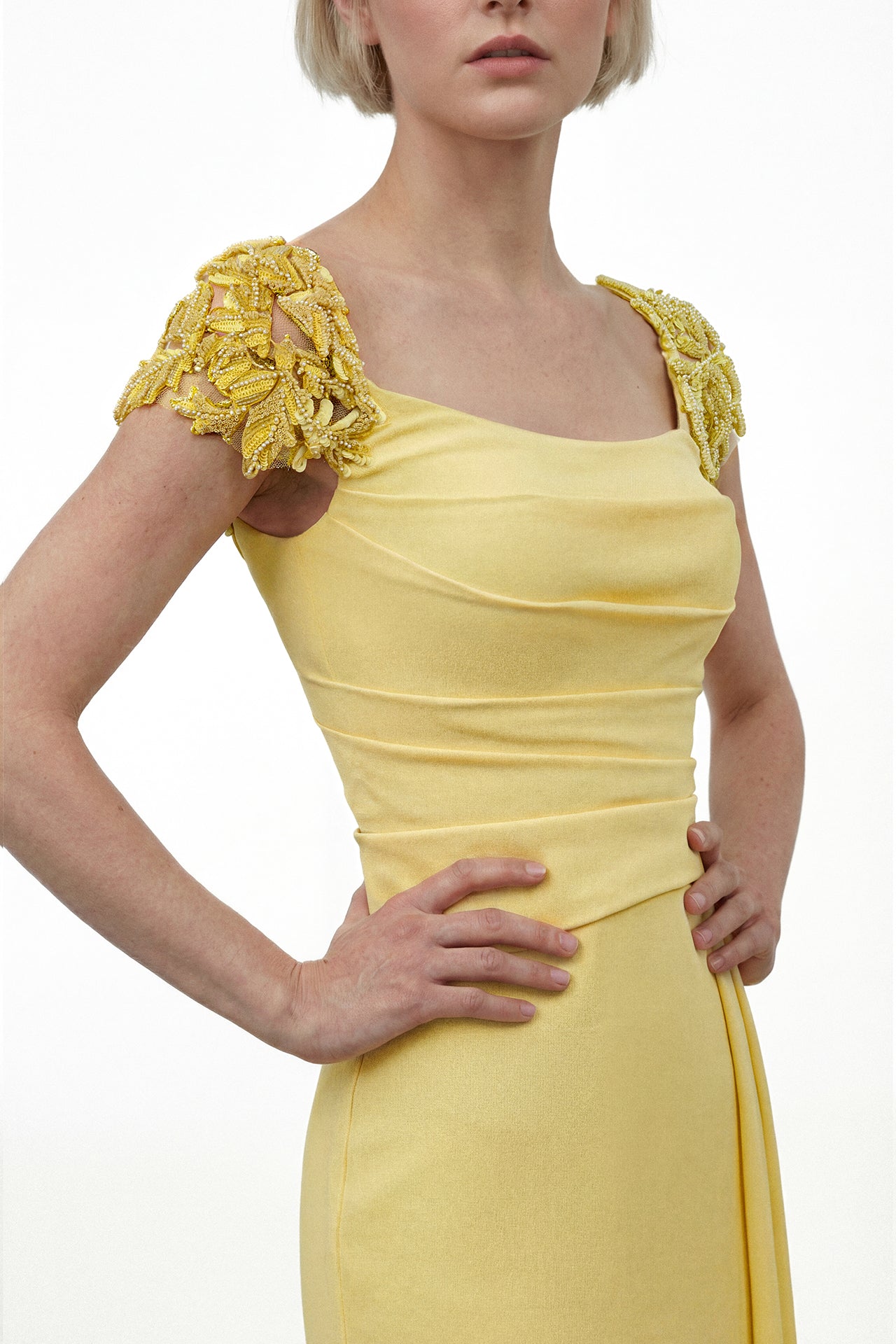 Draped Crepe Gown with Embroidered Shoulder Sleeves