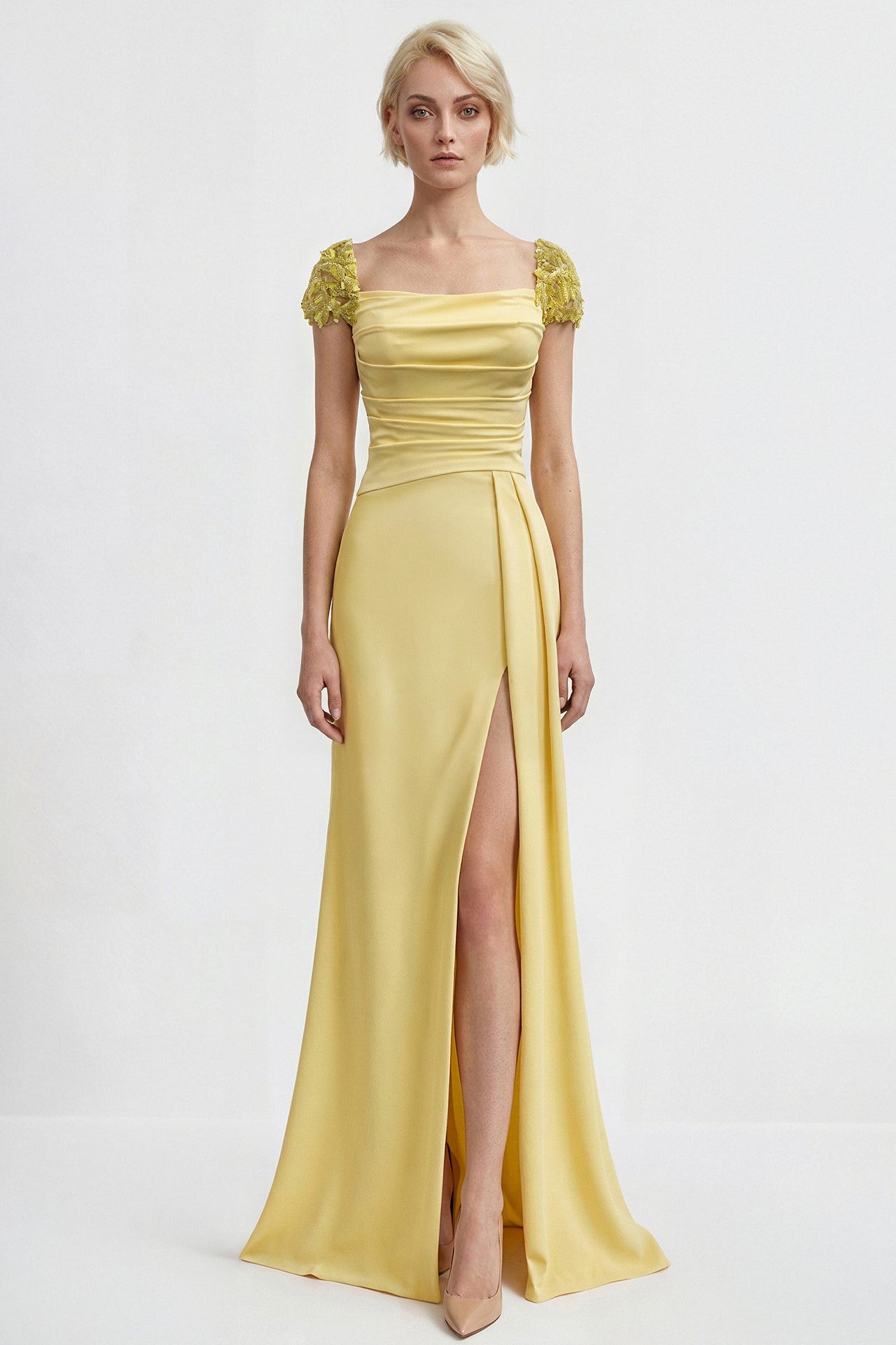 Draped Crepe Gown with Embroidered Shoulder Sleeves