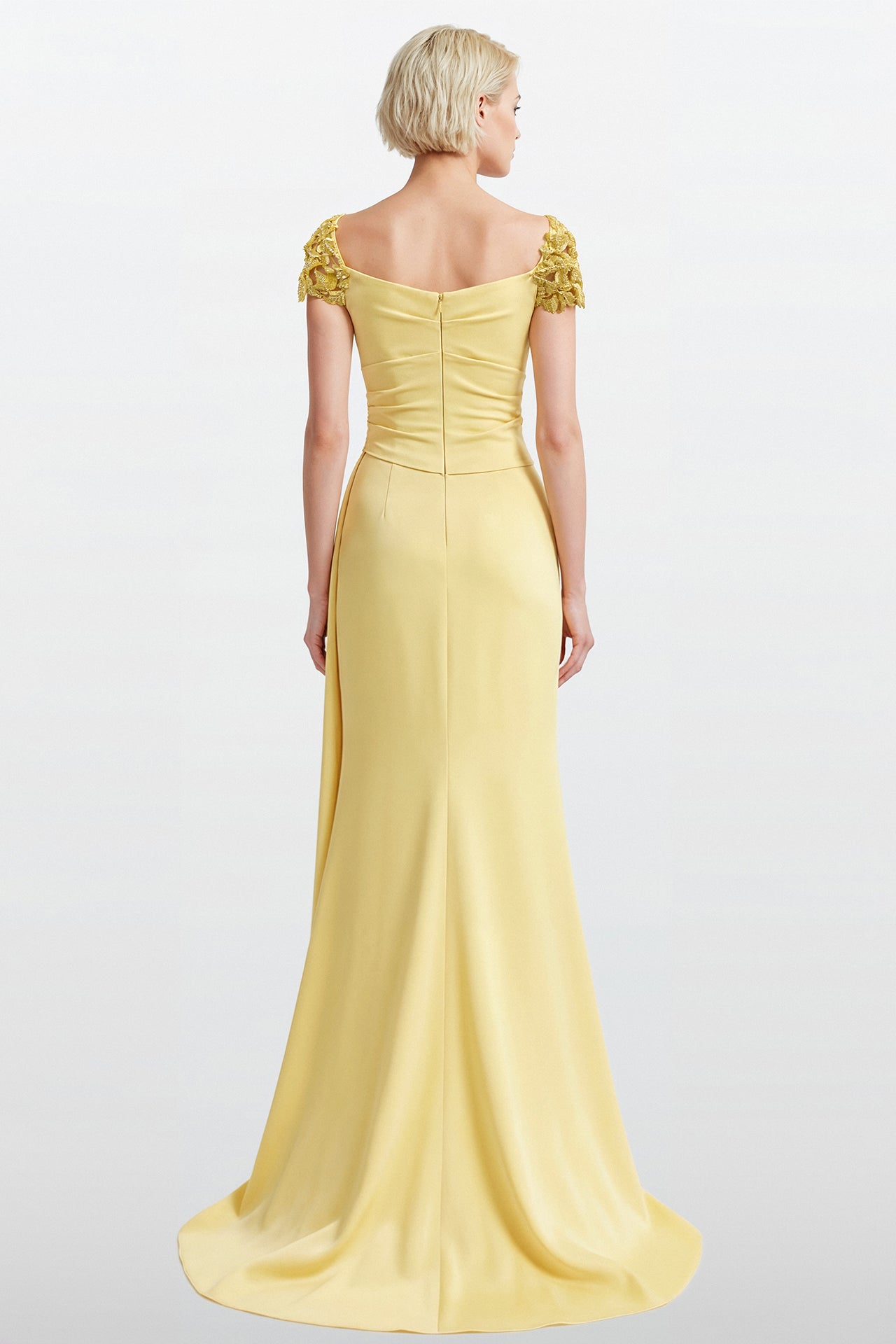 Draped Crepe Gown with Embroidered Shoulder Sleeves