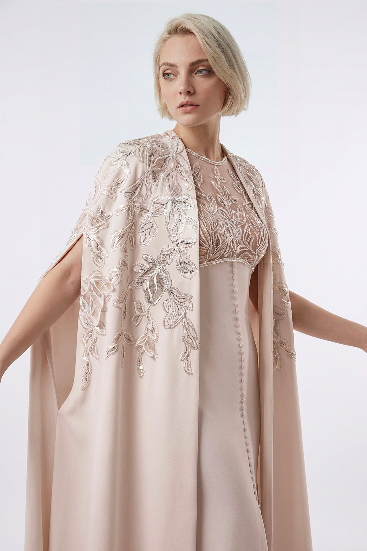 Embroidered Illusion Crepe Gown with Embroidered Cape