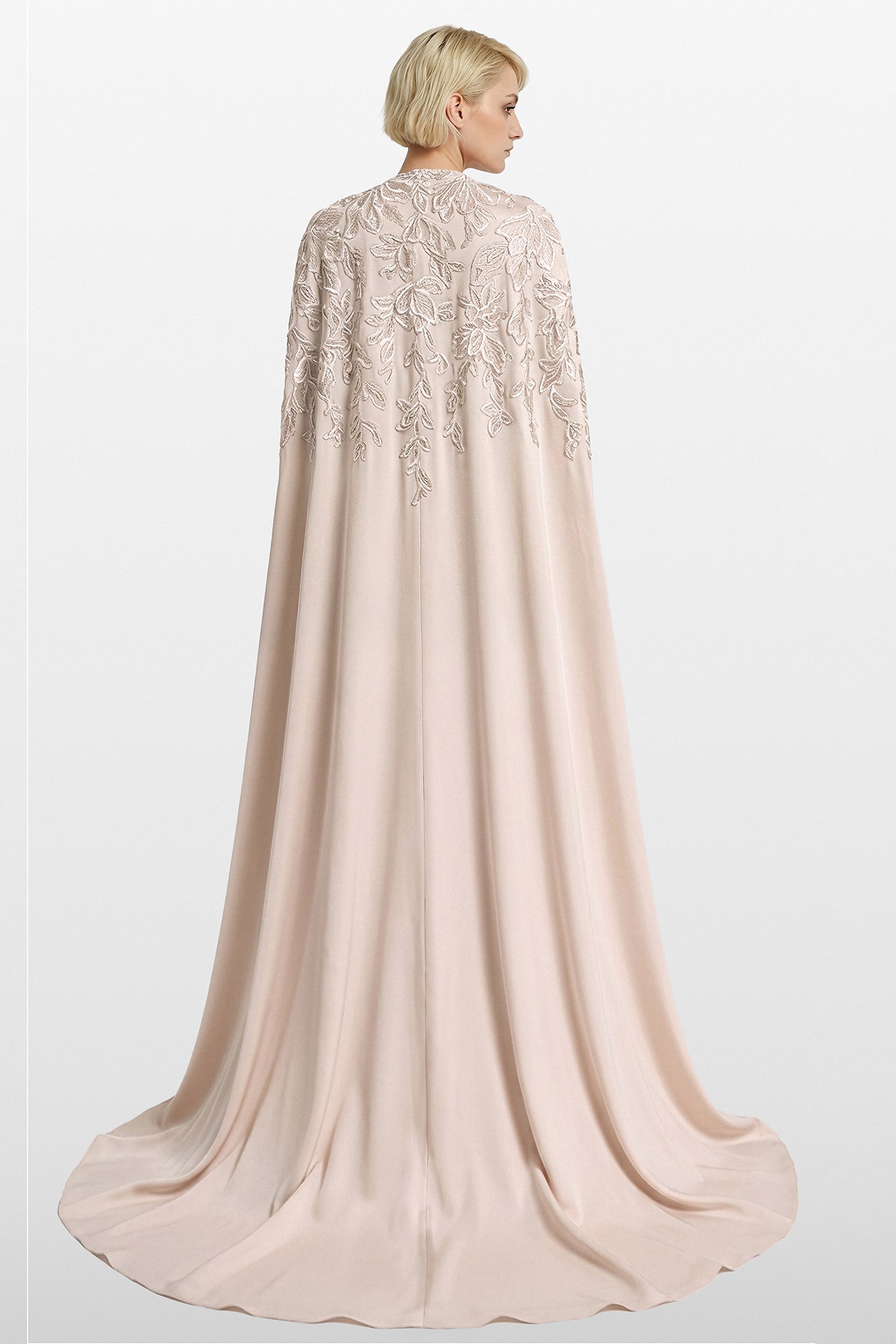 Embroidered Illusion Crepe Gown with Embroidered Cape