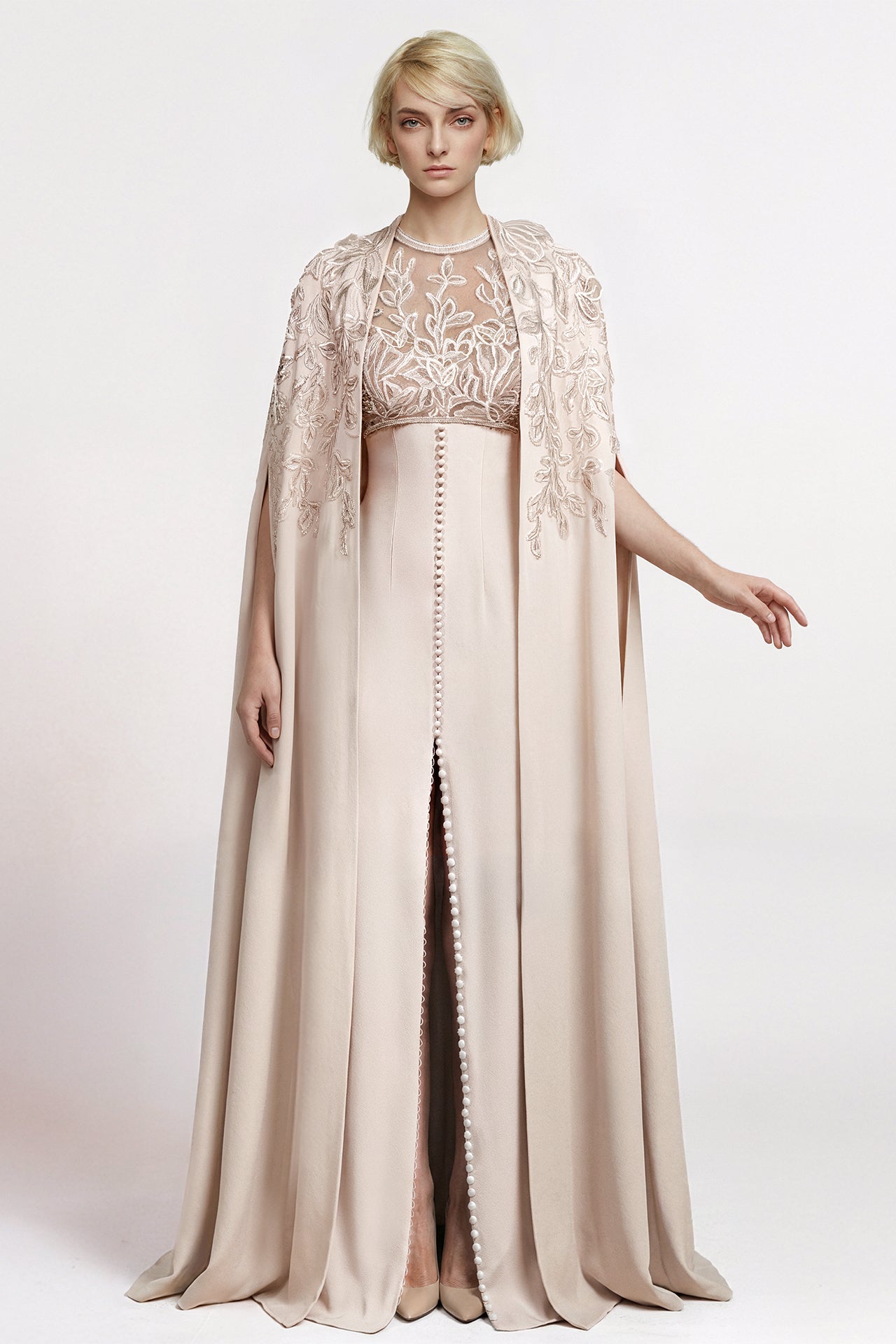 Embroidered Illusion Crepe Gown with Embroidered Cape