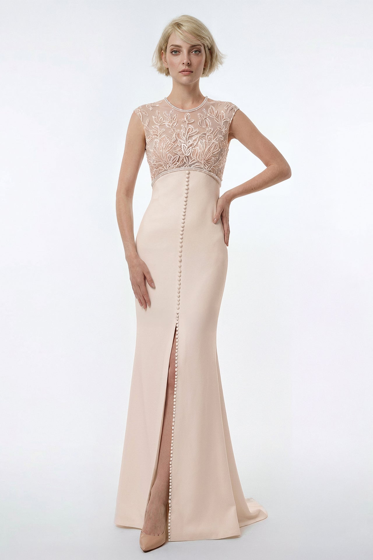 Embroidered Illusion Crepe Column Gown