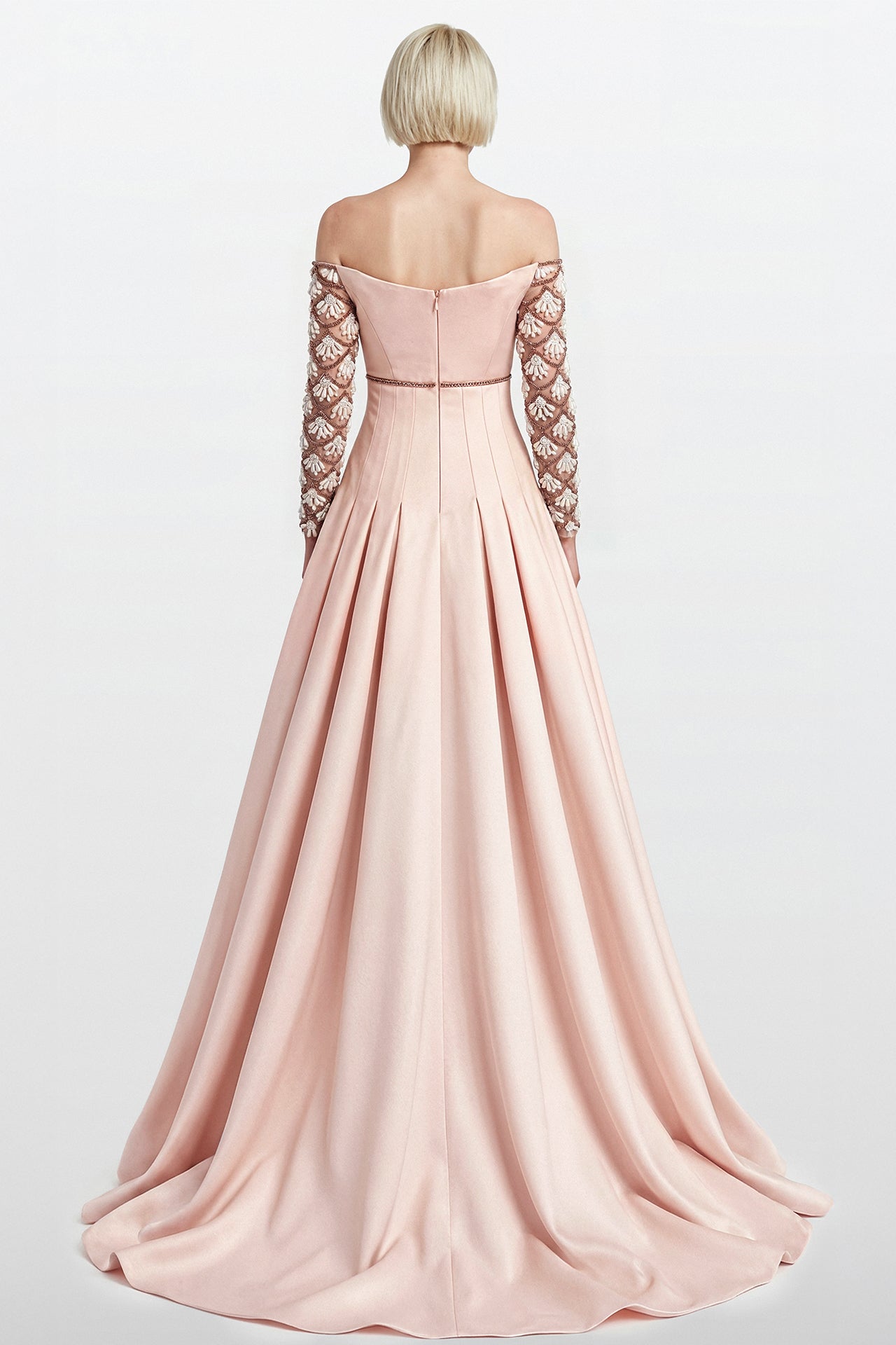 Off-Shoulder Crepe Gown with Embroidered Sleeves