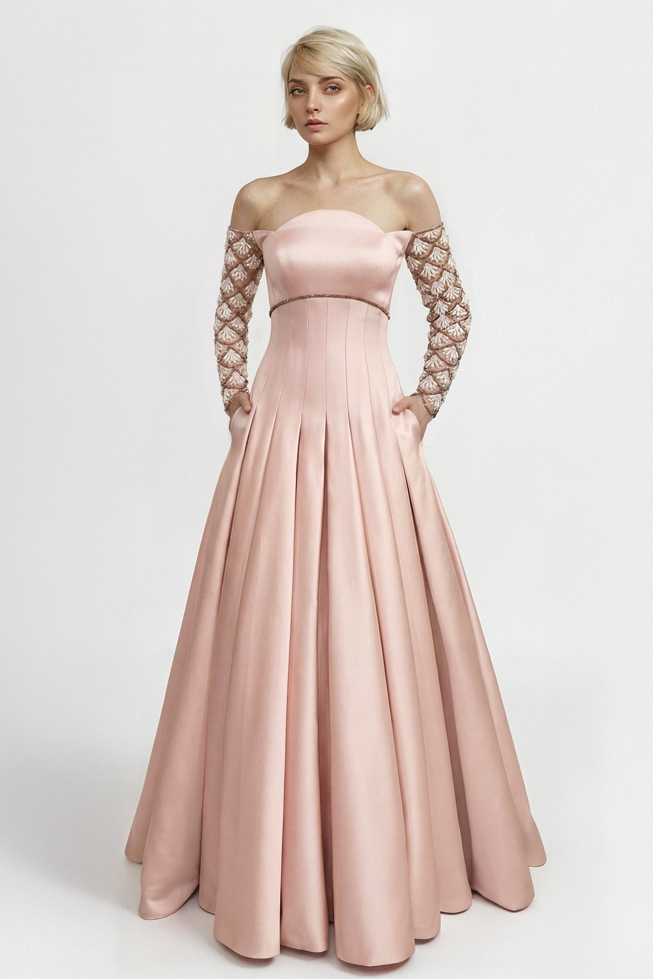 Off-Shoulder Satin Duchess Gown with Embroidered Sleeves