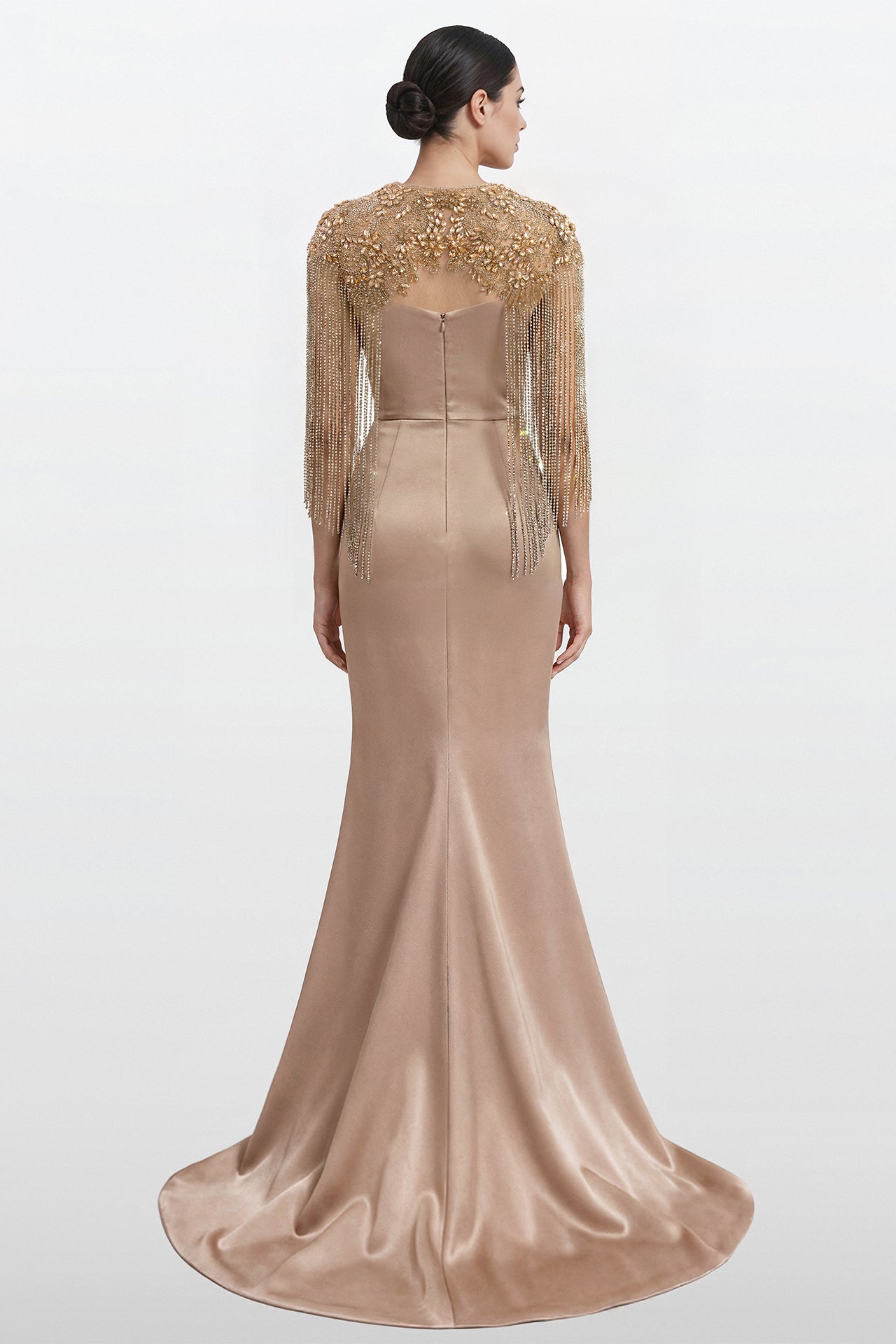 Draped Satin Gown with Embroidered Fringe Cape