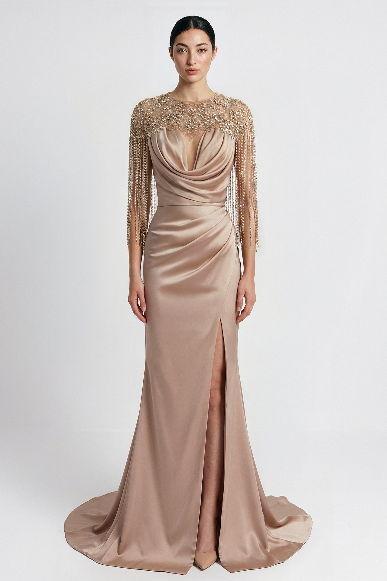Draped Satin Gown with Embroidered Fringe Cape