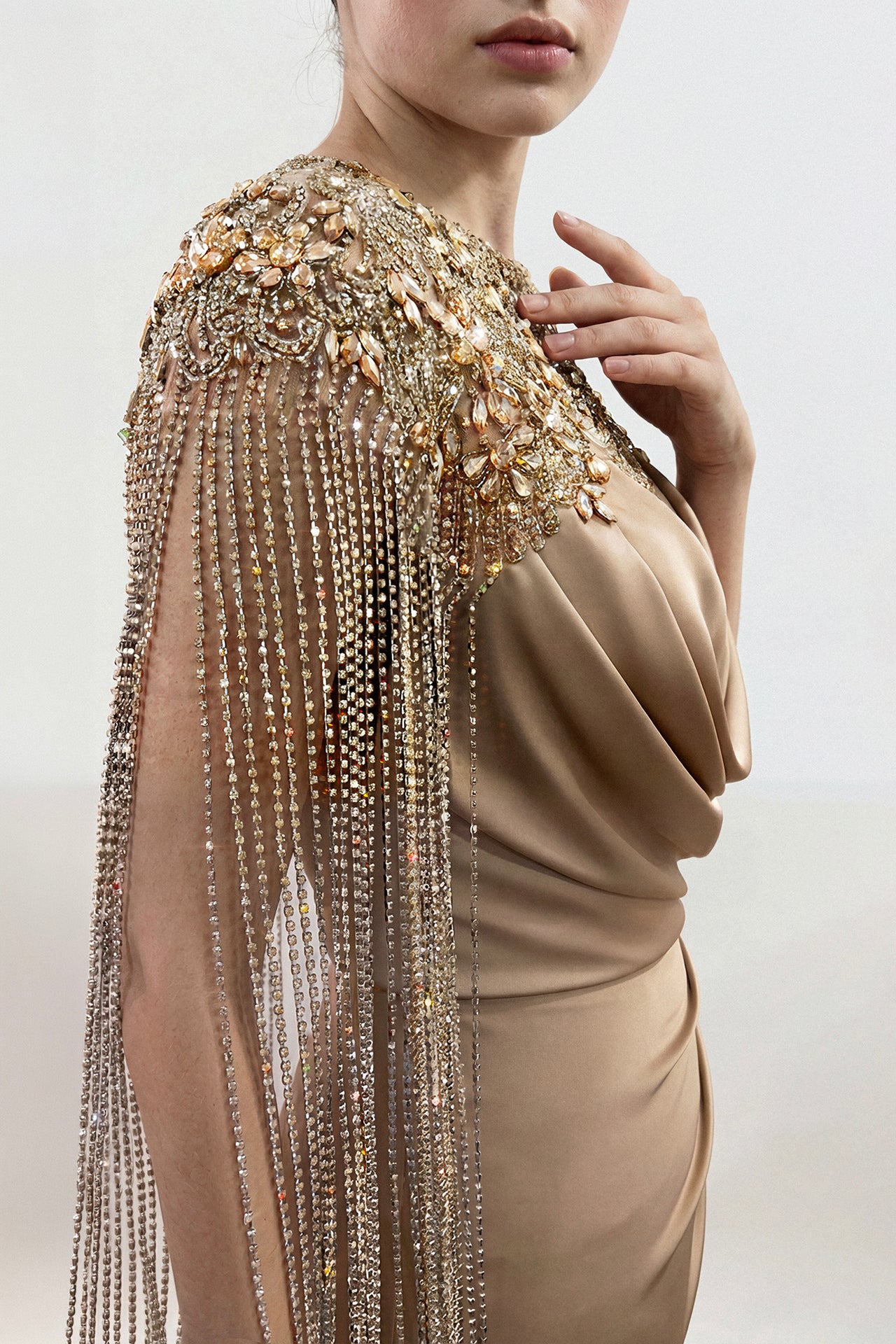 Draped Satin Gown with Embroidered Fringe Cape