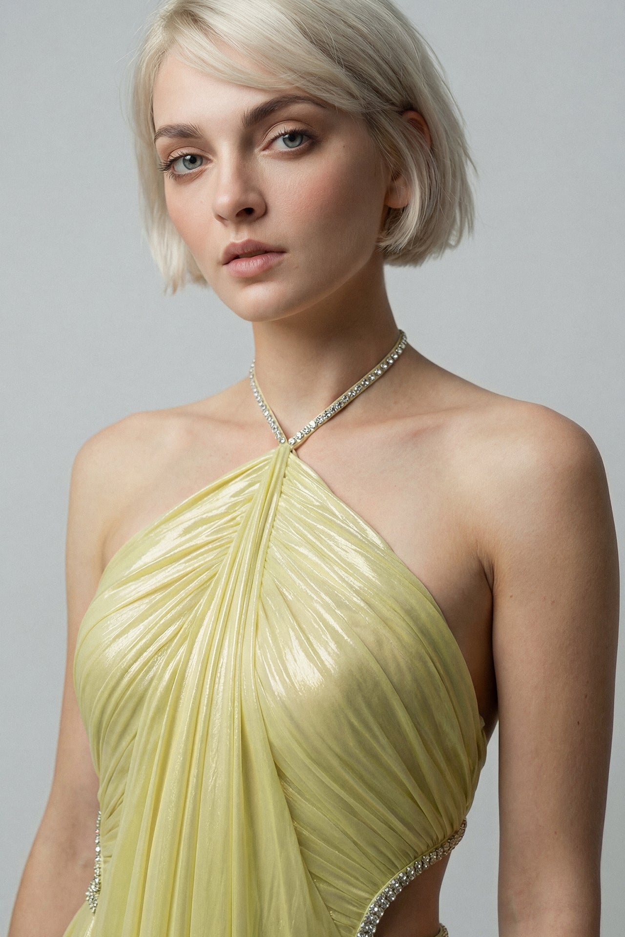 High-Neck Draped Chiffon Gown with Cape