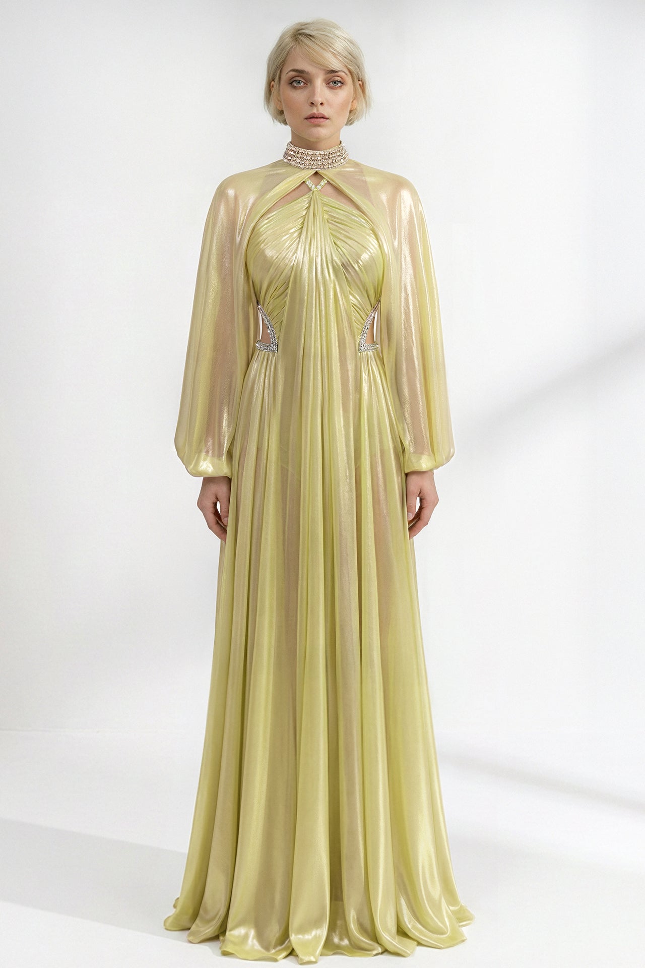 High-Neck Draped Chiffon Gown with Cape